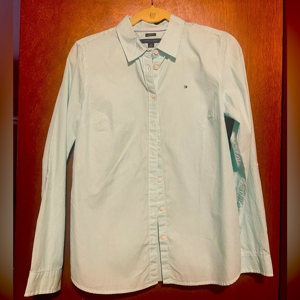 EUC Tommy Hilfiger Button Up - green and white stripe